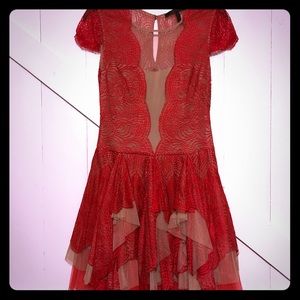 BCBG Max Azria Red Nude Lace Ruffled Dress Size 4